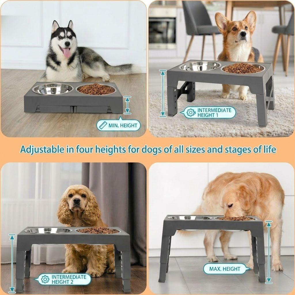 Raised Dog Bowl Stand Adjustable Height for All Dogs & Cats-2