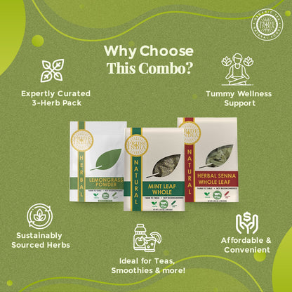 Digestive Health Trio 10.59 oz (300 gm) | Includes Mint Leaf Whole, Lemongrass Fine Cut & Senna Herbal Tea Leaf Whole | Perfect for Hot/Iced Tea, Mocktails | Promotes Inner Wellness | 3 PACK of 3.53 oz-3