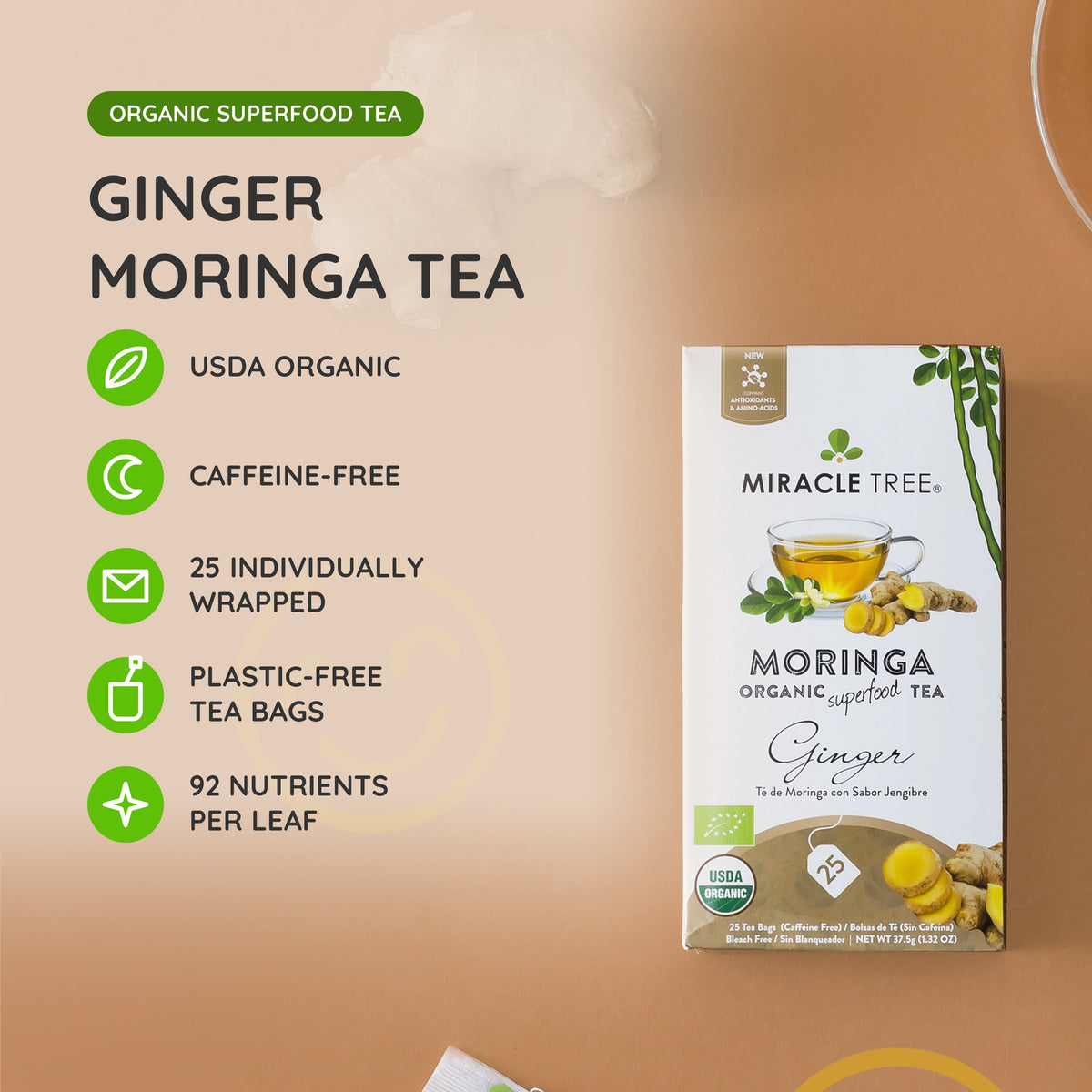 Organic Moringa Tea - Ginger - Caffeine-Free Herbal Tea-1