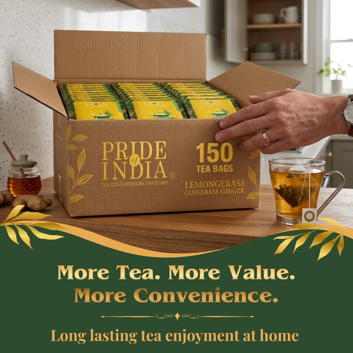 Pride of India Lemongrass Ginger Herbal Tea - 150 Individually Wrapped Full Leaf Pyramid Tea Bags | Refreshing Tea Bulk Pack for Food Service, Cafes, Hotels, Offices & Daily Tea Drinkers-2