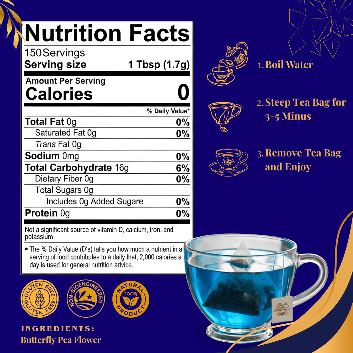 Pride of India Blue Sapphire Herbal Tea - 150 Individually Wrapped Full Leaf Pyramid Tea Bags | Butterfly Pea Flower Tea Bulk Pack for Food Service, Cafes, Hotels, Offices & Daily Tea Drinkers-1