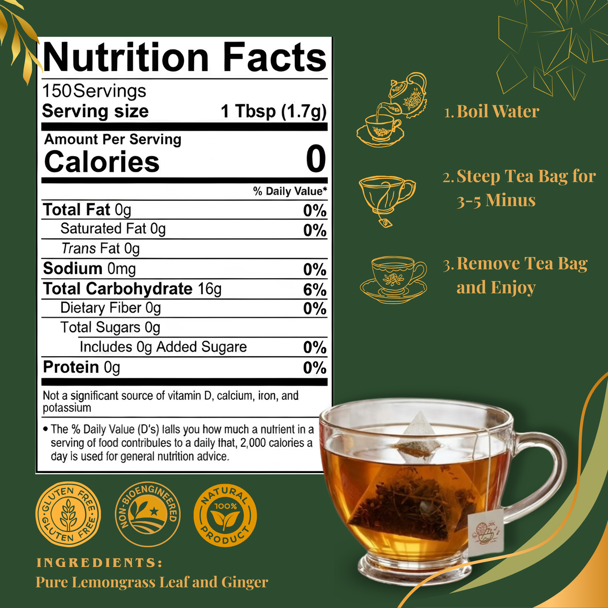 Pride of India Lemongrass Ginger Herbal Tea - 150 Individually Wrapped Full Leaf Pyramid Tea Bags | Refreshing Tea Bulk Pack for Food Service, Cafes, Hotels, Offices & Daily Tea Drinkers-1