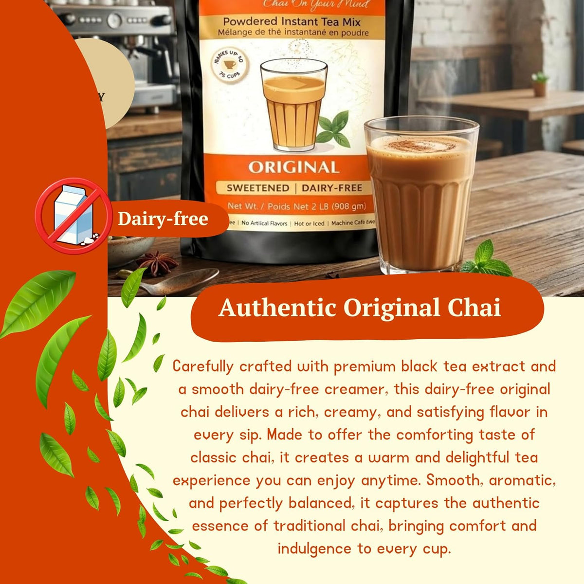 Chaimati Original Dairy-Free Instant Chai Mix, 2 LB (908 gm) | Sweetened, Vegan Friendly, Gluten Free | Powdered Tea, Makes 30 Cups | No Artificial Flavors | Ready in Seconds | Hot or Iced-3