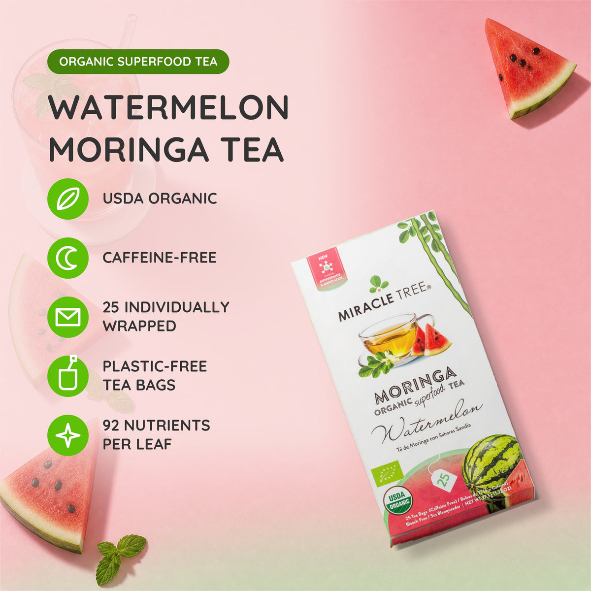 Organic Moringa Tea - Watermelon - Caffeine-Free Herbal Tea-1