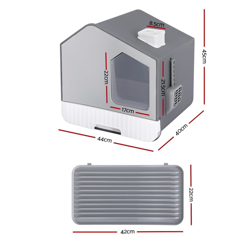 i.Pet Cat Litter Box Large Tray Kitty Toilet Enclosed Cat Litter Box Hooded Scoop Mat Grey-2