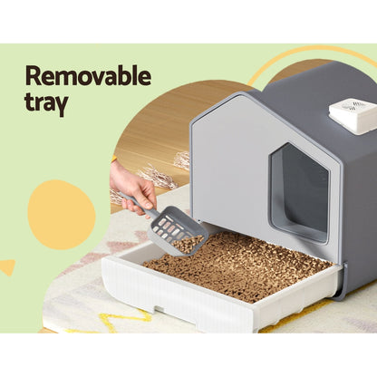 i.Pet Cat Litter Box Large Tray Kitty Toilet Enclosed Cat Litter Box Hooded Scoop Mat Grey-4
