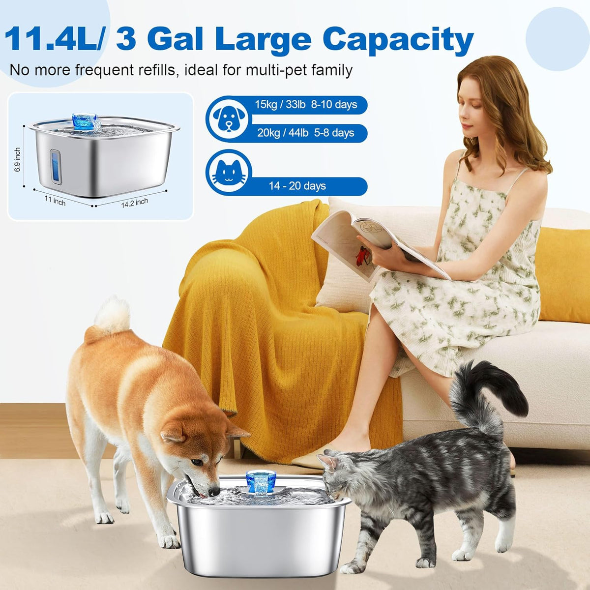 Stainless Steel Dog Water Fountain with Visible Water Level Window for Large Dogs-1