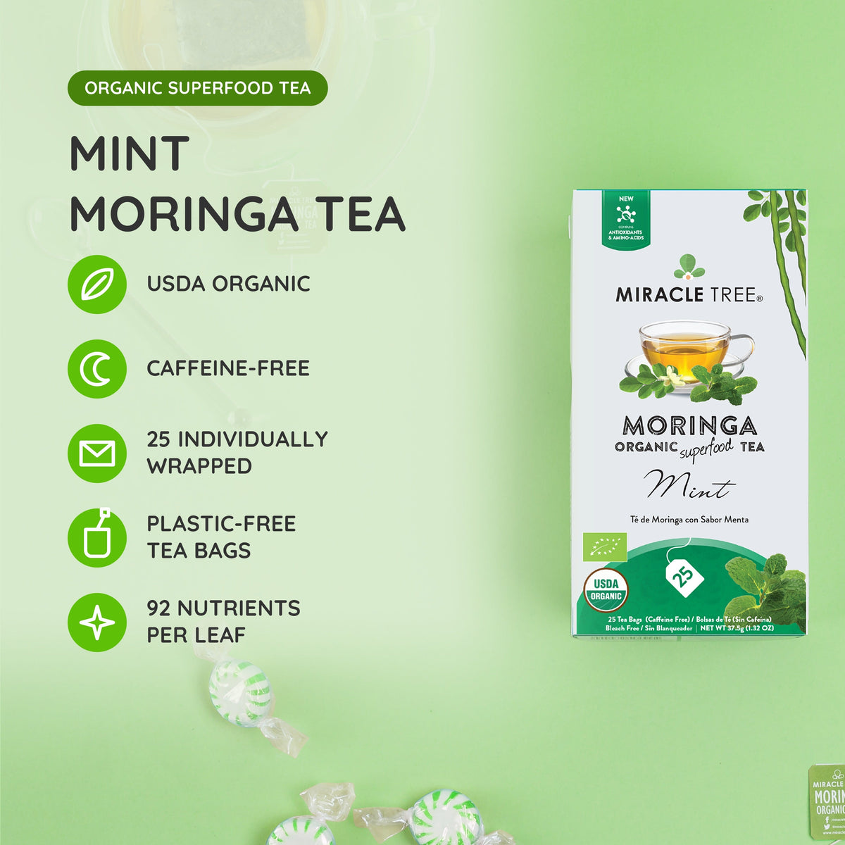 Organic Moringa Tea - Mint - Caffeine-Free Herbal Tea-1