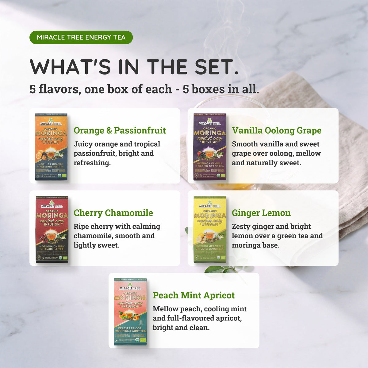 Organic Moringa Energy Tea Bundle - Starter Set - 5 Flavors - Natural Coffee Alternative-2