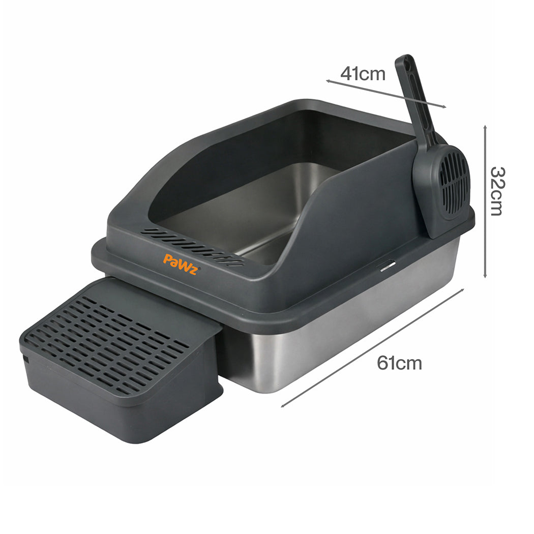 Pawz Stainless Steel Cat Litter Box Big Cats Kitten High Sided Easy Clean Grey-1