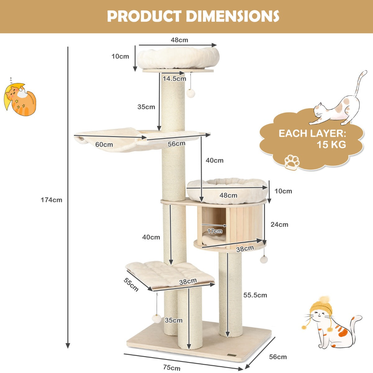 NNECW 4-Layer Solid Wood Cat Tree for Kitten & Adult Cat-3