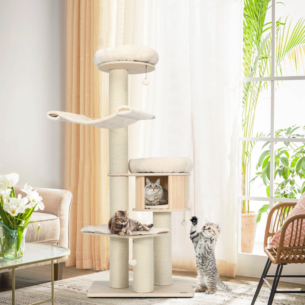 NNECW 4-Layer Solid Wood Cat Tree for Kitten & Adult Cat-0