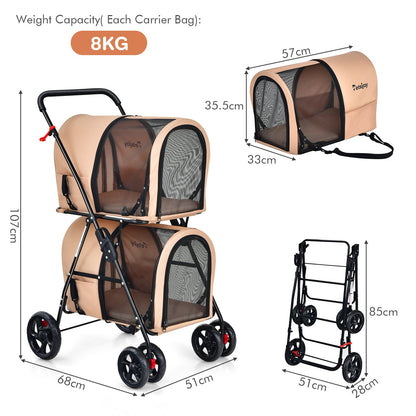 NNECW 4-in-1 Double Pet Stroller with Detachable Carrier for Cats Travel-Beige-4