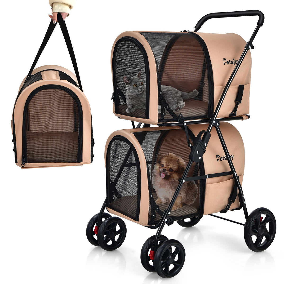 NNECW 4-in-1 Double Pet Stroller with Detachable Carrier for Cats Travel-Beige-2