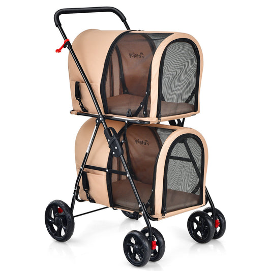 NNECW 4-in-1 Double Pet Stroller with Detachable Carrier for Cats Travel-Beige-0