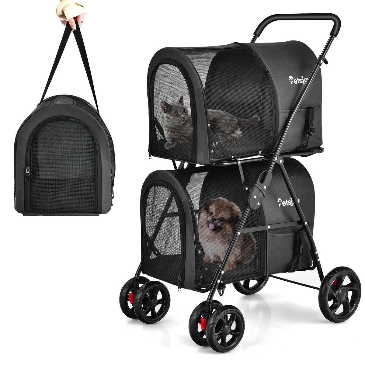 NNECW 4-in-1 Double Pet Stroller with Detachable Carrier for Cats Travel-Black-2