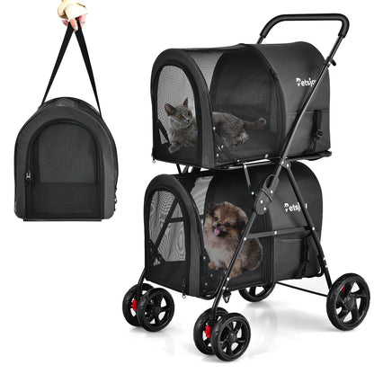 NNECW 4-in-1 Double Pet Stroller with Detachable Carrier for Cats Travel-Black-2