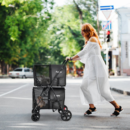 NNECW 4-in-1 Double Pet Stroller with Detachable Carrier for Cats Travel-Black-1