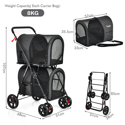 NNECW 4-in-1 Double Pet Stroller with Detachable Carrier for Cats Travel-Black-4
