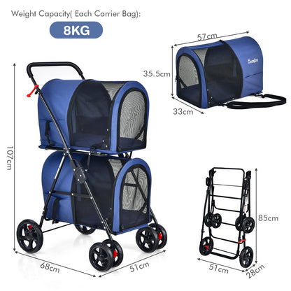 NNECW 4-in-1 Double Pet Stroller with Detachable Carrier for Cats Travel-Navy-4