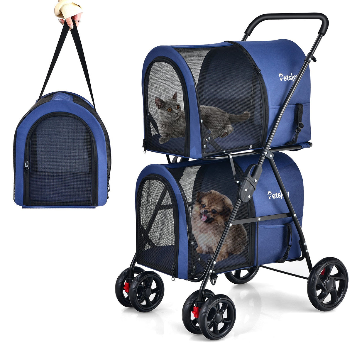 NNECW 4-in-1 Double Pet Stroller with Detachable Carrier for Cats Travel-Navy-1