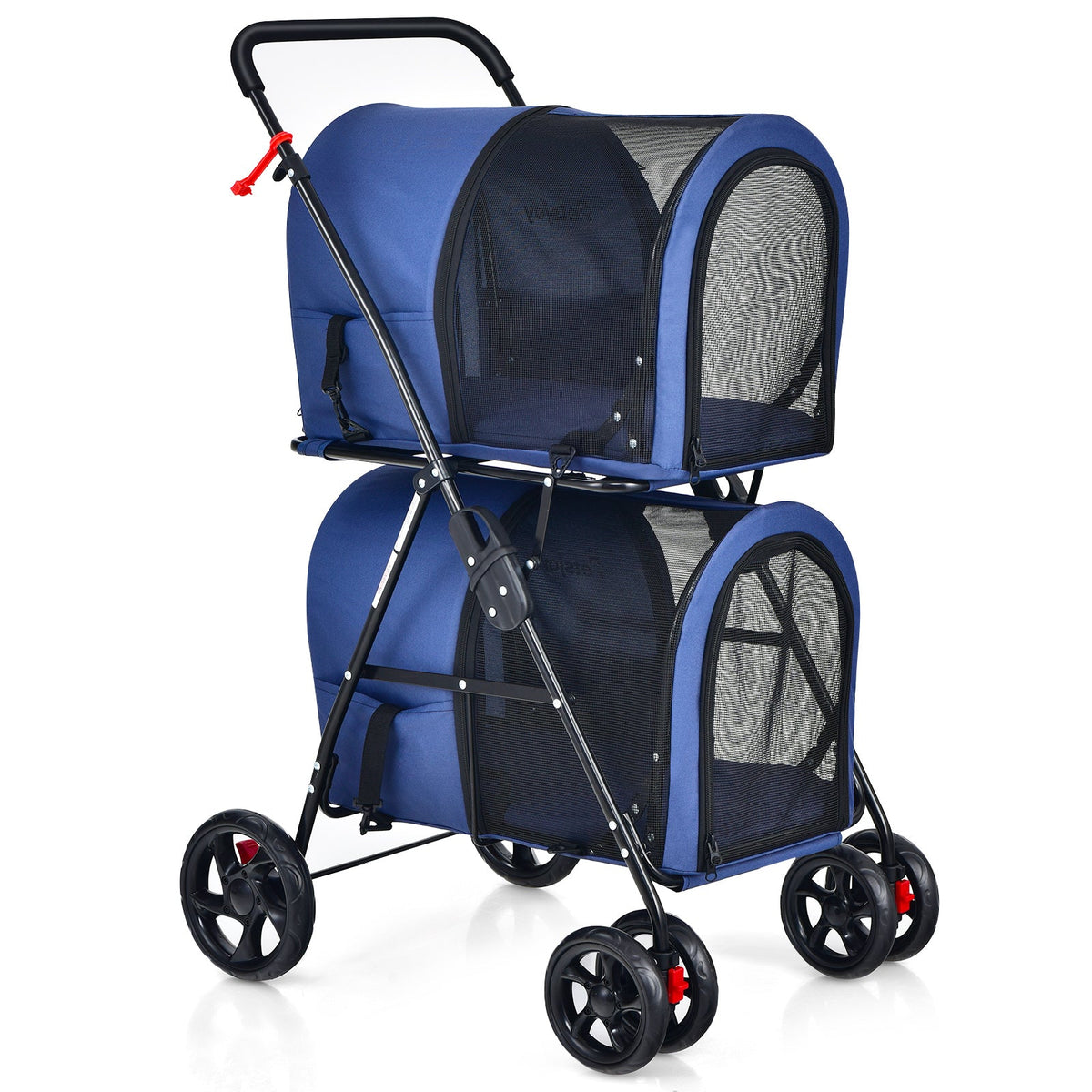 NNECW 4-in-1 Double Pet Stroller with Detachable Carrier for Cats Travel-Navy-3