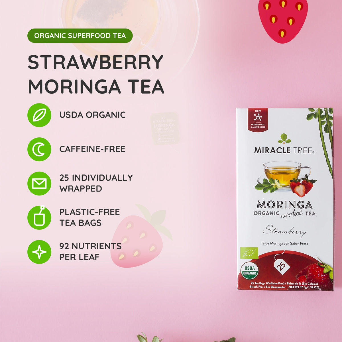 Organic Moringa Tea - Strawberry - Caffeine-Free Herbal Tea-1